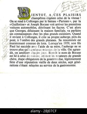 Carrier Sammlung von Menüs - Paul Bocuse, L'Auberge du Pont de Collonges - 40 Rue de la Plage, 69660 Collonges-au-Mont-d'Or, Frankreich Stockfoto