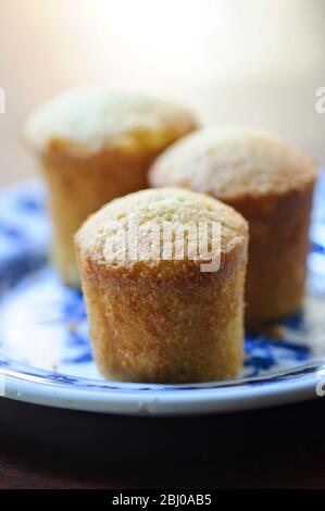 Kleine, hohe, selbstgebackene Mandelmuffins. Rezept verfügbar Stockfoto