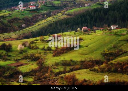 Schöne ländliche Landschaft. Frühling in Borovitsa Dorf, Ostrhodopen, Bulgarien Stockfoto
