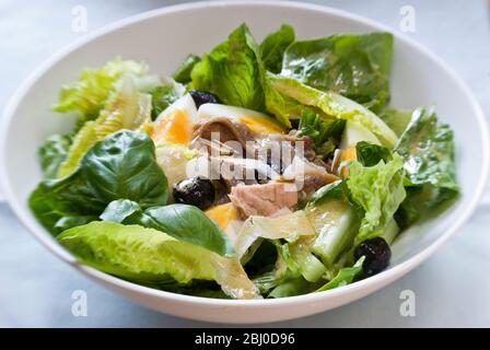 Weiße Schüssel mit klassischer Salade Nicoise, mit Vinaigrette - Stockfoto