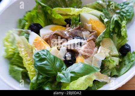 Weiße Schüssel mit klassischer Salade Nicoise, mit Vinaigrette - Stockfoto