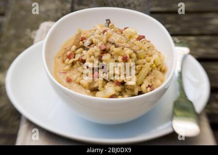 Gerstenrisotto mit getrockneten Pilzen, gewürfeltem Räucherschinken, Zwiebeln, Sellerie und Hühnerbrühe, serviert in weißer Porzellanschüssel, im Freien - Stockfoto