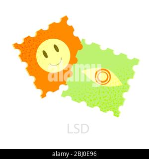 Illustration von lsd-Briefmarken mit farbigen Emoticons. Das Konzept der psychedelischen, Stock Vektor