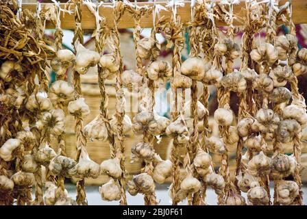 Saiten von Knoblauch zum Verkauf in überdachten Markt in Limassol, Zypern - Stockfoto