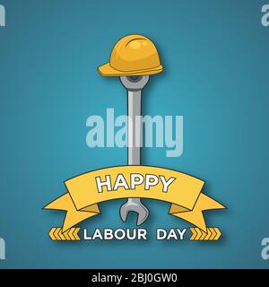 Happy Labor Day Design. Feierlichkeiten zum Internationalen Tag der Arbeit am 1. Mai. Abbildung von Arbeitsschlüssel und Helm auf blauem Hintergrund. Stock Vektor