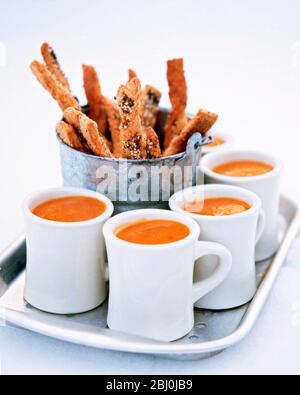 Tablett mit heißen Tomatensuppe mit Metalleimer mit gesät Käse Strohhalmen - Stockfoto