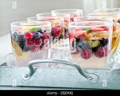 Mineralwasser mit frischem Obst und Beeren in Gläsern Sittin gon zerkleinerten Eis auf Metallschale. - Stockfoto