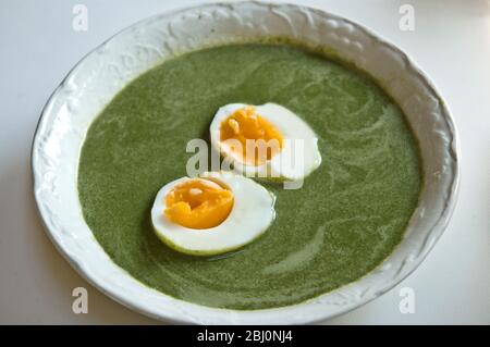 Traditionelle schwedische Frühlingssuppe aus Brennnesseln und Hühnerbrühe mit einem gekochten Ei auf der Oberseite halbiert - Stockfoto