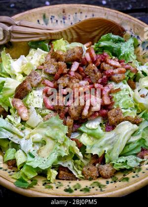 Sommersalat im Freien: Salat - batavia und Romaine, Vollkornbrotcroutons, gehackter Schnittlauch, gebratene Pancetta-Stücke und frisch gemahlener Pfeffer mit Stockfoto