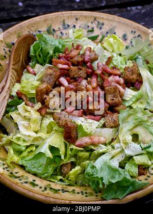 Sommersalat im Freien: Salat - batavia und Romaine, Vollkornbrotcroutons, gehackter Schnittlauch, gebratene Pancetta-Stücke und frisch gemahlener Pfeffer mit Stockfoto
