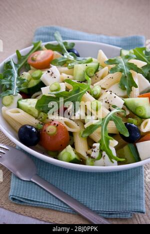Leichter, gesunder Salat aus Rucola und Mozzarella-Würfeln mit Penne-Nudelformen, in leichter Vinaigrette eingeprägt. Schärfere Version - Stockfoto