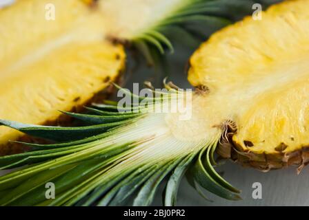 Ananas in zwei Hälften geschnitten auf weißem Hintergrund - Stockfoto