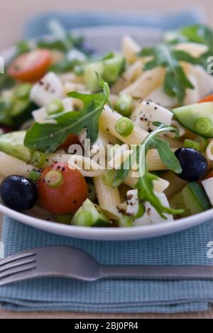 Leichter, gesunder Salat aus Rucola und Mozzarella-Würfeln mit Penne-Nudelformen, in leichter Vinaigrette eingeprägt. Kurze Schärfentiefe - Stockfoto