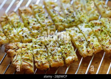 Frisch gebackene Käseherme, die auf dem Gestell gekühlt werden, mit geriebener Zucchini und geriebenem emmentaler auf Blätterteigblech gestreut und mit Hanfsamen bestreut Stockfoto