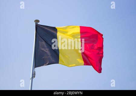 Die Flagge belgiens winkt auf dem Wind hinter einem blauen Hintergrund Stockfoto