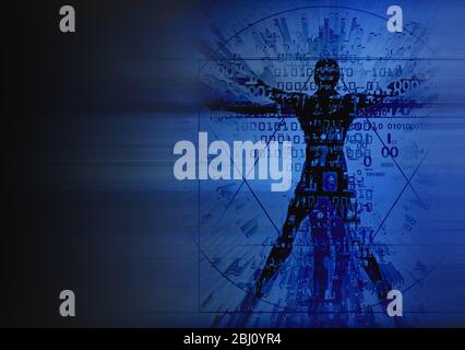 Futuristische Vitruvian Mann Silhouette auf dunkelblauem Hintergrund. Illustration des vitruvianischen Menschen mit zerstörten binären Codes symbolisiert digitales Zeitalter. Stockfoto