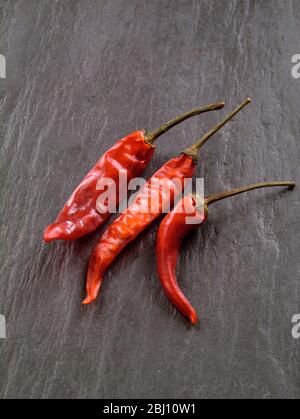Drei halbgetrocknete, scharfe, rote Chilischoten auf grauem Schiefer - Stockfoto