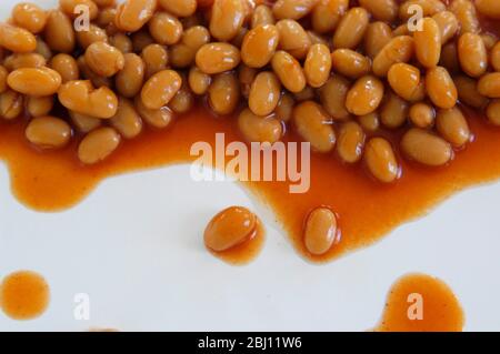 Gebackene Bohnen in Tomatensauce auf weißer Oberfläche - Stockfoto