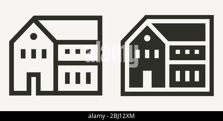 Minimale Wohngebäude oder Haus Umriss und solide Vektor-Symbole Stock Vektor