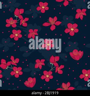 Blühende Blumen auf einem dunklen Hintergrund verstreut. Nahtlose Vektordarstellung mit dem floralen Konzept. Rote Tupfen. Endlose Farbtupfmuster für Stoff. Stock Vektor
