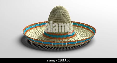 Sombrero Strohhut isoliert auf grauem weißem Hintergrund. Traditionelle mexikanische verzierte Kopfbedeckungen als Souvenir der spanischen Kultur. 3d-Darstellung Stockfoto