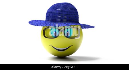 Emoji von gelben Smiley Gesicht mit Sommer-Set isoliert auf weißem Hintergrund. Emoticon mit blauem Strohhut, schwarzer Brille und einem großen Lächeln. 3d-Darstellung Stockfoto