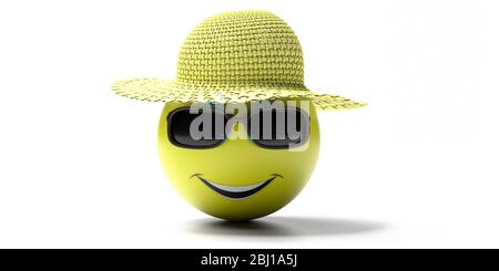 Emoji von gelben Smiley Gesicht mit Sommer-Set isoliert auf weißem Hintergrund. Emoticon mit blauem Strohhut, schwarzer Brille und einem großen Lächeln. 3d-Darstellung Stockfoto