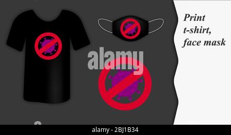 Stylisches T-Shirt und Gesichtsmaske mit dem Bild des Stop-Virus. Abbildung des Vektorgrafiken. Isolierte Vorlage Stock Vektor