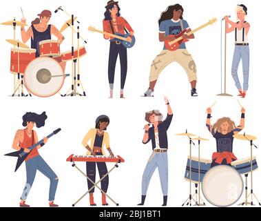 Afro-amerikanische, kaukasische Männer, Frauen, Musiker, die Musikinstrumente spielen. Rockband. Stock Vektor