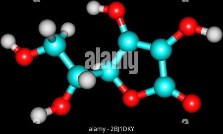 Strukturelles Modell von Ascorbinsäure, bekannt als Vitamin C. isoliert auf schwarzem Hintergrund. Stockfoto