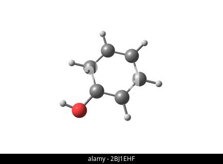 Phenol (Carbolsäure) - ist eine aromatische organische Verbindung mit der Molekülformel C6H5OH. Es ist ein weißer kristalliner Festkörper, der flüchtig ist. Stockfoto