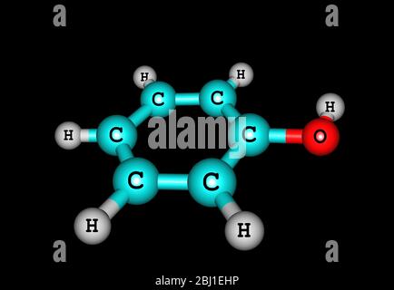 Phenol (Carbolsäure) - ist eine aromatische organische Verbindung mit der Molekülformel C6H5OH. Es ist ein weißer kristalliner Festkörper, der flüchtig ist. Stockfoto