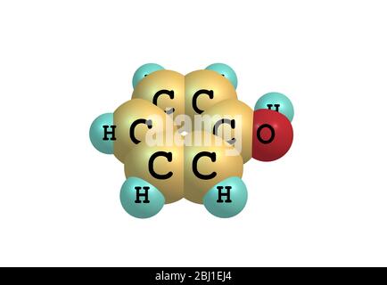 Phenol (Carbolsäure) - ist eine aromatische organische Verbindung mit der Molekülformel C6H5OH. Es ist ein weißer kristalliner Festkörper, der flüchtig ist. Stockfoto