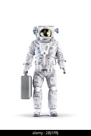 Astronaut mit Koffer / 3D-Abbildung des Raumanzugs trägt männliche Figur hält große Aktentasche isoliert auf weißem Studio-Hintergrund Stockfoto