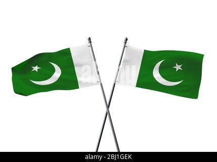 Pakistan flags gekreuzt auf einem weißen Hintergrund. 3D-Rendering Stockfoto