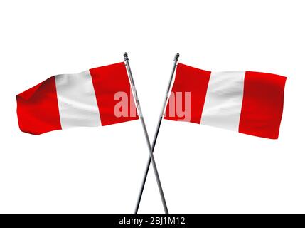 Peru flags gekreuzt auf einem weißen Hintergrund. 3D-Rendering Stockfoto