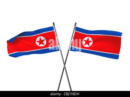 Nordkorea flags gekreuzt auf einem weißen Hintergrund. 3D-Rendering Stockfoto