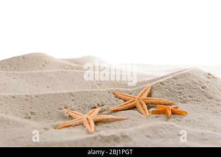 Seesterne auf Meersand isoliert auf weiß Stockfoto