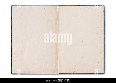 Altes offenes Buch mit leeren, gefärbten Papierseiten isoliert auf weißem Hintergrund