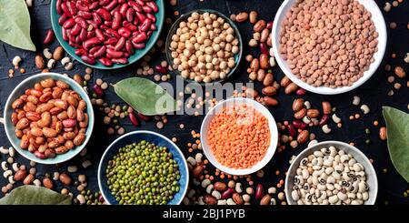 Leguminosen Sortiment Panorama, Overhead-Aufnahme auf dunklem Hintergrund. Linsen, Sojabohnen, Kichererbsen, rote Kidney-Bohnen, eine Verartung von Hülsenfrüchten Stockfoto