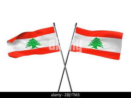 Libanon flags gekreuzt auf einem weißen Hintergrund. 3D-Rendering Stockfoto