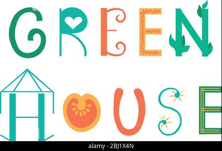 Gewächshaus für den Anbau von Gemüse. Federschrift. Glashaus, Tomate, grünes Blatt. Stock Vektor