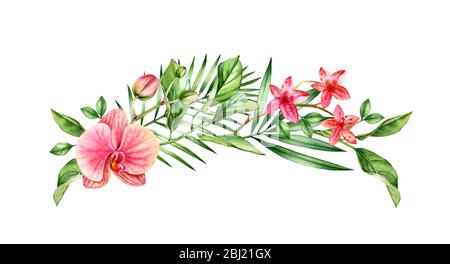 Aquarell Orchidee Bogen. Große orange und rosa tropische Blüten, Palmenblätter. Handbemalter Blumenkranz. Botanische Illustrationen isoliert auf weiß Stockfoto