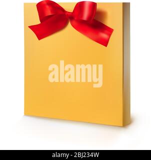 Vorlage für eine Mockup-Geschenkbox. Vector realistische gelbe Paket Mockup mit roter Schleife für Ihr Design-Mesh Stock Vektor