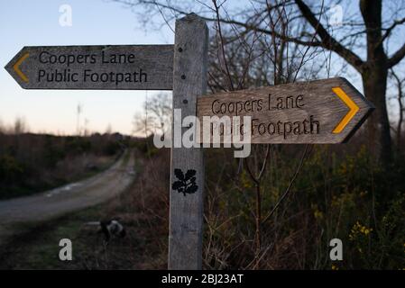 Öffentlicher Fußweg des National Trust mit Holzschildern zur Coopers Lane im New Forest hampshire. Stockfoto