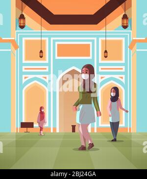 arabische Frauen in medizinischen Masken kommen zu nabawi Moschee Gebäude Quarantäne covid-19 Quarantäne Pandemie Konzept Menschen beten in traditioneller Kleidung muslimische Religion vertikale volle Länge Vektor-Illustration Stock Vektor