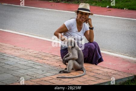 Thai Frau in Sarong und weißen Fedora sitzt auf Bordstein Blick auf Duskey Affe in Khoa Lommuak Thailand Stockfoto