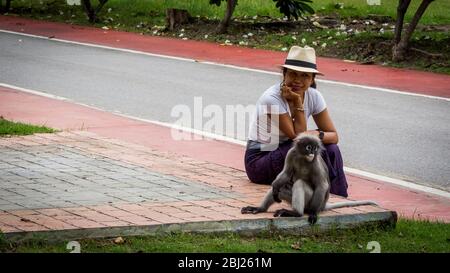 Thai Frau in Sarong und weißen Fedora sitzt auf Bordstein Blick auf Duskey Affe in Khoa Lommuak Thailand Stockfoto