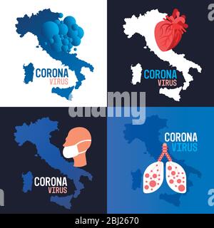 Set Coronavirus Ausbruch in italien Corona Virus Verbreitung Prävention Covid-19 Pandemie Quarantäne Karte mit 2019-nCoV Bakterien Zellvektor Illustration Stock Vektor