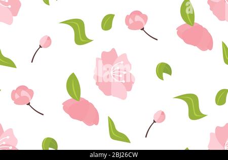 Blühende rosa Sakura Blumen mit Blättern Frühling botanischen Grußkarte nahtlose Muster horizontalen Vektor-Illustration Stock Vektor